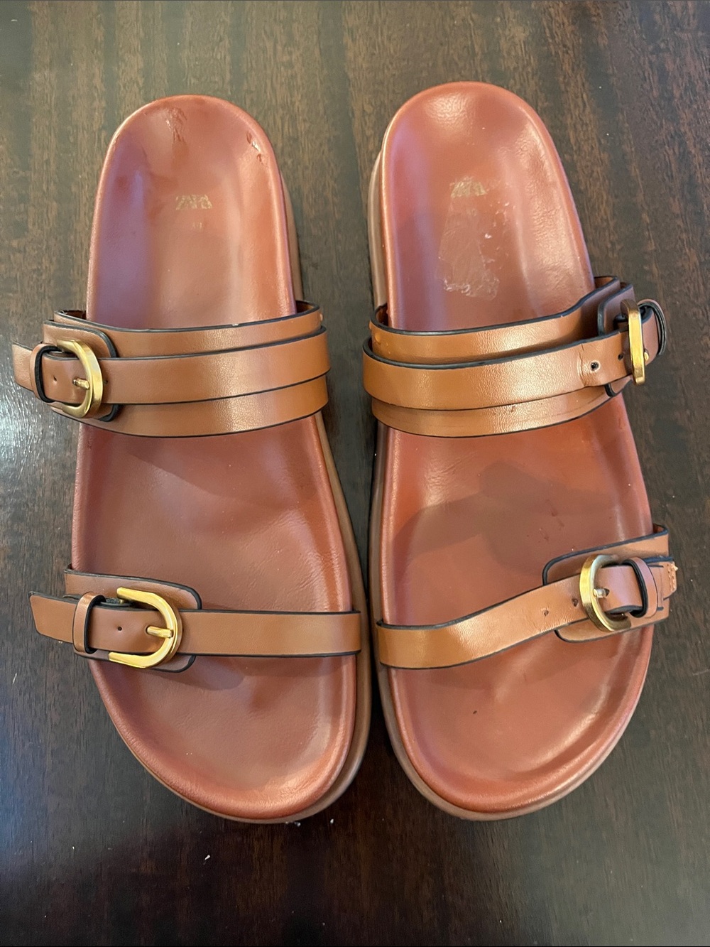 Zara Brown Leather Double Buckle Slide Sandals
